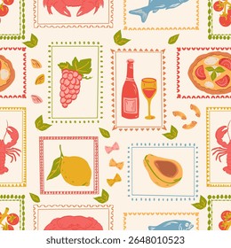 Verão mediterrâneo doodle selos padrão sem costura.  Pizza desenhada à mão, limão, tomate, peixe, caranguejo, lagosta, vinho, abacate, uvas. Fundo retro para papel de parede, tecido, papel de embrulho.