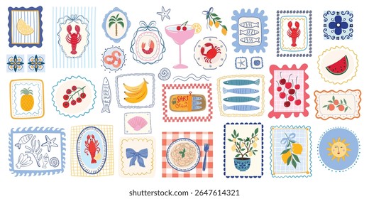Summer Mediterranean elements collection, Italian food and marine frames, stamps, posters, retro style, aesthetic vector illustration