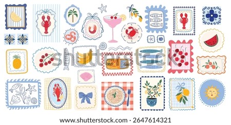Summer Mediterranean elements collection, Italian food and marine frames, stamps, posters, retro style, aesthetic vector illustration