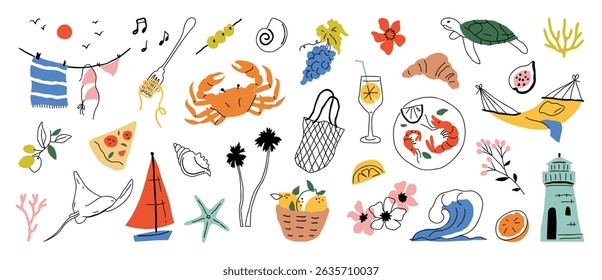 Summer and Mediterranean food doodle element design vector set. Hand drawn with crab, lemon, turtle, coral, croissant, shrimp, pizza, boat. Illustration for decorative, card, poster, sticker, menu.