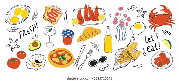 Summer and Mediterranean food doodle element design vector set. Hand drawn with crab, lemon, tomato, scallop, wine, croissant, shrimp, pizza. Illustration for decorative, card, poster, sticker, menu.