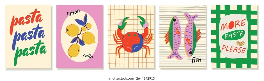 Summer Mediterranean food poster set with lemons, seafood, pasta and cocktails. Trendy vector collection with fresh dishes, hand lettering and coastal vibes. For ads, branding, menu, packaging 
