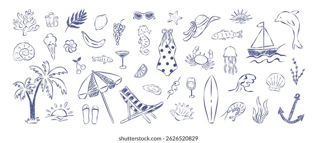 Verão mediterrâneo mão desenhada doodle elementos de design. Estética costeira retrô. Itália praia férias set. Efeito texturizado de esboço de tinta. Comida doce, bebida, itens de repouso na praia, fauna marinha.