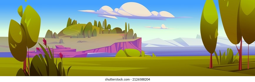 Summer mediterranean landscape with sea shore, island with hill and mountains on horizon. Vector cartoon illustration of sea harbor, green grass and trees on coast