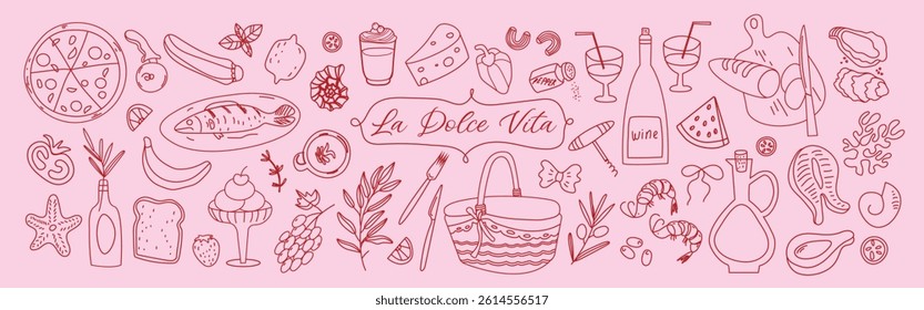 Summer Mediterranean pink set in Dolce Vita style. Hand drawn vintage doodles featuring family dinners, picnics, and breakfasts with wine, pizza, and snacks. Coquette line art vector design.