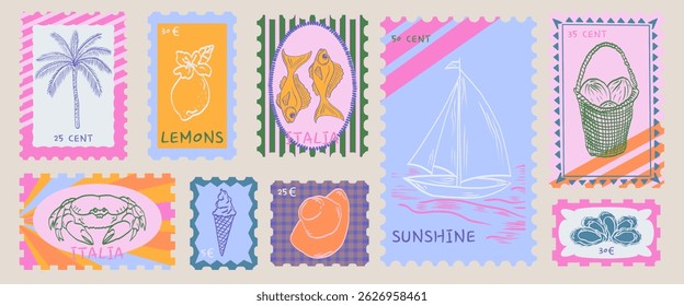 Summer mediterranean postage stamps. Sticker with lemons, fish, oysters, crab, boat, palm tree. Vacation in Italy.  Vector retro frame border element design.