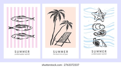 Сollection of summer Mediterranean posters with palm trees, sun lounger, seashells, sardines and seafood. Hand drawn vector illustration for ads, print, decor.
