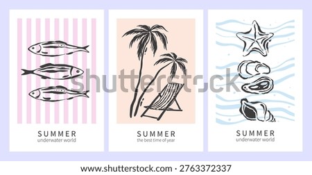 Сollection of summer Mediterranean posters with palm trees, sun lounger, seashells, sardines and seafood. Hand drawn vector illustration for ads, print, decor.
