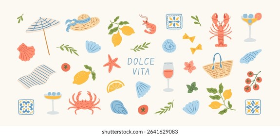 Summer mediterranean vacation illustration set. Italian vibe elements. Hand drawn lemons, seafood, lobster, cocktail, pasta, tomato, tile. Coastal collection for card, prints, wedding invitation.