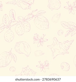 Summer Mediterranean vector seamless print with hand-drawn plants and seashells. Line art of lemon branches and flowers, shells, and snails. Amalfi. Vacation in Italy. Vector design for cards, banners, kitchens, menus, and covers.