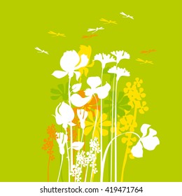 summer medow flowers with dragonfly. vector illustration of flat concept floral
