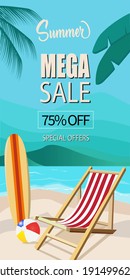 Summer Mega sale 75% off banner online shopping on beach with chair and board background. Ball , surfboard and beach chair for background discount badge or label typographic design