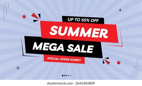 Summer Mega Sale Banner – Up to 50% Off Special Offer! Hurry – Element Shapes Template – Black, Yellow, Red Gradient and Blue Background
