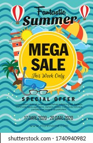 Summer Mega Sales Flat Style Lighthouse Design Template