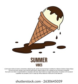 Summer melted ice cream element collection with chocolate top. Waffle cone with sundae flavor cream