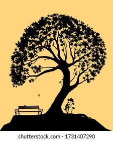 Sommergedächtniskonzept, Bank unter dem großen Ahornbaum mit Spatzen oder Titmvogel Silhouette Sommerszene, Vektor.