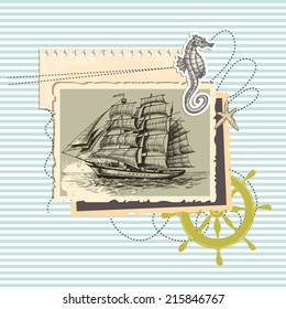 Summer memories, old ship photo and marine elements, retro scrapbook background