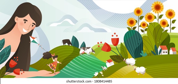 Summer memory concept vector illustration. Cartoon flat happy woman character holding in hand girl running with kite on summertime farmland landscape with farm houses and cows, vacation background