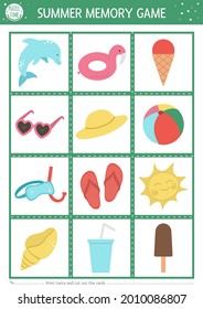 Summer memory game cards with cute beach objects. Matching activity with dolphin, sunglasses, ball, ice-cream. Remember and find correct picture card. Simple sea vacations printable worksheet for kids