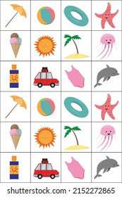 Summer memory game cards with cute beach objects. Matching activity. Remember and find correct picture card. Simple sea vacations printable worksheet for kids