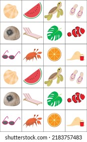 Summer memory game cards with cute beach objects. Matching activity. Remember and find correct picture card. Simple sea vacations printable worksheet for kids