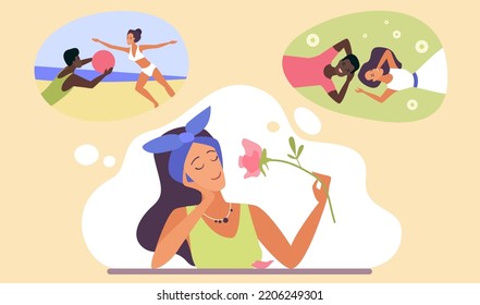 Ilustración vectorial de memoria de verano. Muchacha de dibujos animados sentada en la mesa, oliendo el olor a flor para recordar momentos felices y románticos y escenas de vacaciones de verano en burbujas sobre el fondo de la cabeza