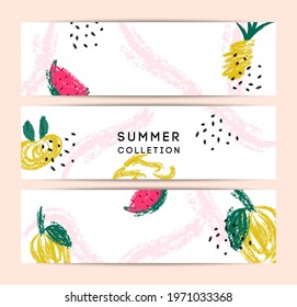 Summer Memphis Abstract vector card set. Hello summer illustrations for card, flyer, banner, poster, social media design template. Colorful fruit, pineapple, watermelon, leaves