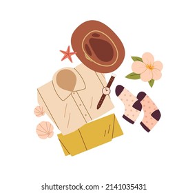 Summer men clothing with shirt, pants, socks and beach hat. Male tourists apparel, holiday outfit. Travel garments, wearing composition, top view. Flat vector illustration isolated on white background