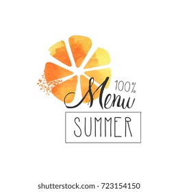 Summer menu 100 percent logo, element for healthy food, vegetarian restaurant and bar menu, fruit market, organic products, watercolor vector Illustration