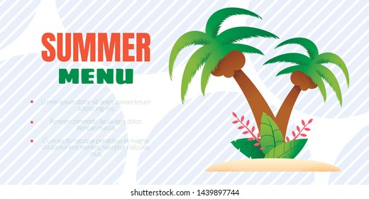 Summer Menu Advertising Banner with Editable Informational Text. Cartoon Coconut Palms on Sand Beach as Decoration. Promotion Poster for Cafe, Restaurant on Tropic Resort. Vector Flat Illustration