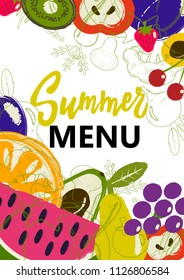 Summer menu cover. Design concept for veggie, smoothie bar menu with illustration of fruits.