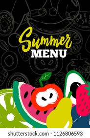 Summer menu cover. Vector illustration of fruits. Ideal for smoothie bar, veggie cafe, restaurant.