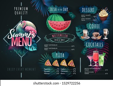 Summer menu design with flamingo and tropic leaves. Restaurant menu