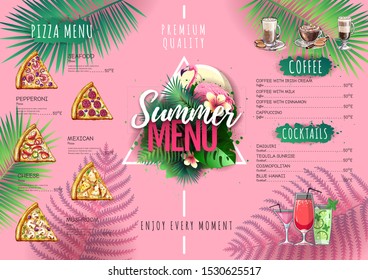 Summer menu design with flamingo and tropic leaves. Restaurant menu