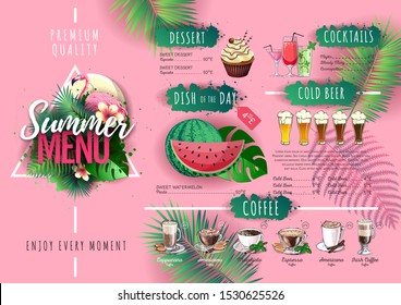Summer menu design with flamingo and tropic leaves. Restaurant menu