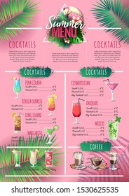 Summer menu design with flamingo and tropic leaves. Restaurant menu