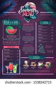 Summer menu design with flamingo and tropic leaves. Restaurant menu