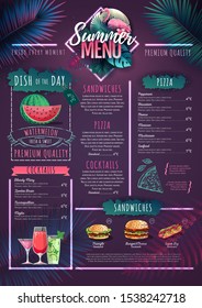 Summer menu design with flamingo and tropic leaves. Restaurant menu