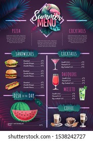 Summer menu design with flamingo and tropic leaves. Restaurant menu