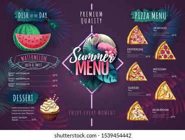 Summer menu design with flamingo and tropic leaves. Restaurant menu