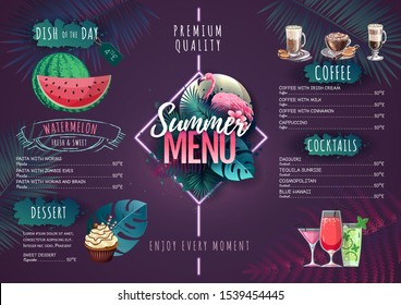 Summer menu design with flamingo and tropic leaves. Restaurant menu