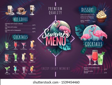 Summer menu design with flamingo and tropic leaves. Restaurant menu
