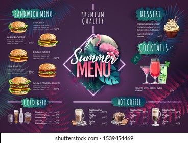 Summer menu design with flamingo and tropic leaves. Restaurant menu