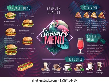 Summer menu design with flamingo and tropic leaves. Restaurant menu