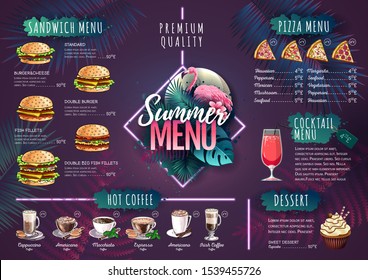 Summer menu design with flamingo and tropic leaves. Restaurant menu