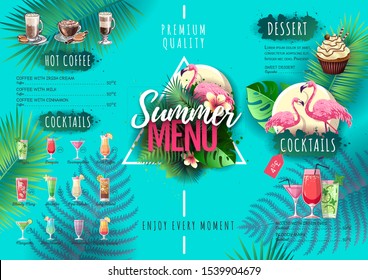 Summer menu design with flamingo and tropic leaves. Restaurant menu