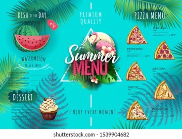 Summer menu design with flamingo and tropic leaves. Restaurant menu