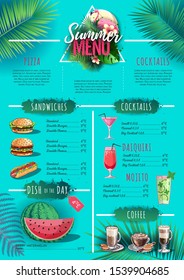 Summer menu design with flamingo and tropic leaves. Restaurant menu