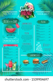 Summer menu design with flamingo and tropic leaves. Restaurant menu