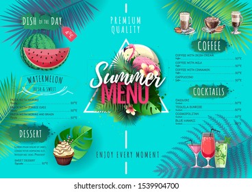 Summer menu design with flamingo and tropic leaves. Restaurant menu